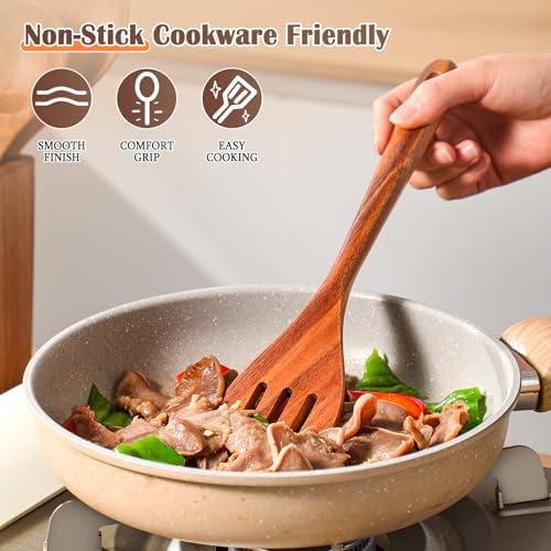 Wooden Spoons for Cooking, 11 Pcs Wood Cooking Utensils Set with Holder, Natural Acacia Wooden Kitchen Tools, Nonstick Cookware, Easy Clean, Kitchen Utensil Set for Mom, Wife Cooking Gifts - Image 5