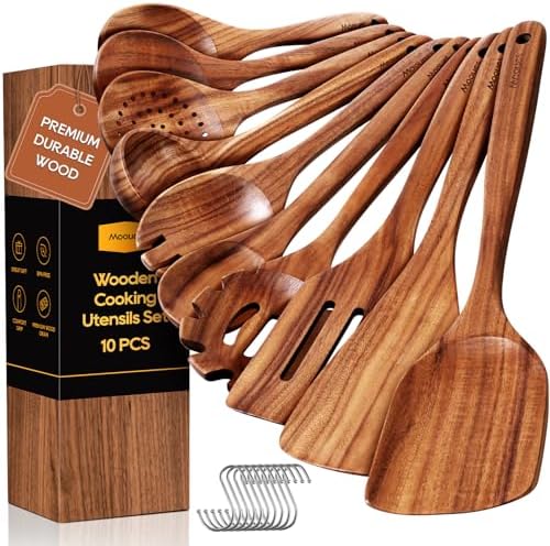 Wooden Spoons for Cooking 10PCS Teak Wood Cookware Utensil Set by Mooues