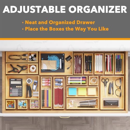 SpaceAid 21-Piece Bamboo Drawer Organizer Storage Boxes Set, Wood Tray Junk Drawer Organizers Multi-Use Divider Bins for Kitchen, Bathroom, Office Desk and Makeup Organization (21 Pack, Natural) - Image 5