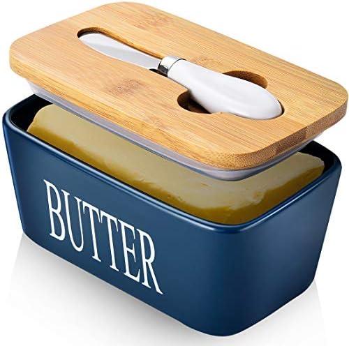 Ceramic Butter Dish with Lid and Knife & Silicone Seal for Countertop Blue by AISBUGUR
