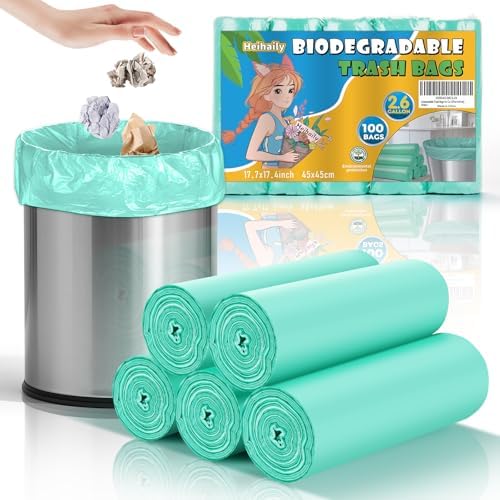 2.6 Gallon Small Trash Bags Bathroom - Green Mini Garbage Bags Biodegradable Compostable 100 Count 10 Liter Unscented Little Waste Basket Kitchen Office Car Tiny Liners Strong Thick Heihaily by heihaily
