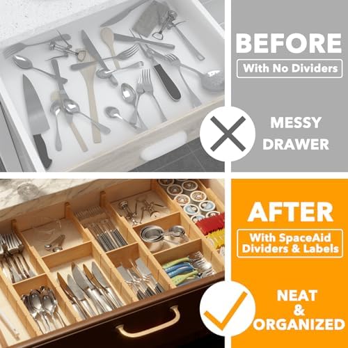 SpaceAid Bamboo Drawer Dividers with Inserts and Labels, Kitchen Adjustable Drawer Organizers, Expandable Organization for Home, Office, Dressers, 7 Dividers with 15 Inserts (17"-22" Natural) - Image 2