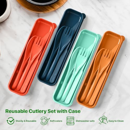 Travel Utensils Set with Case, 8 Sets Camping Utensils Reusable Wheat Straw Utensils Set With Case, Knife Spoon and Fork Set for Lunch Box - Image 4