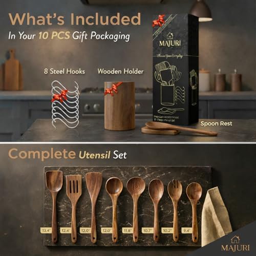 10-Piece Wooden Utensil Set with Holder, Spoon Rest & Hooks – Durable Non Toxic Cooking Utensils - Wooden Spoons for Cooking, Ideal Kitchen Utensil Set for Cooking Enthusiasts & House Warming - Image 2