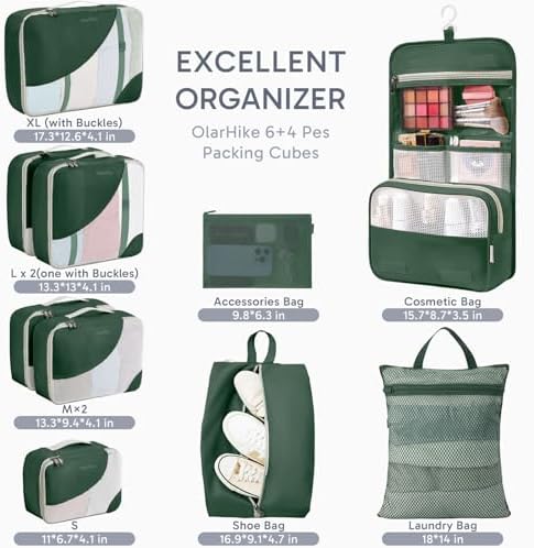 OlarHike Packing Cubes for Travel,Gifts for Women Mom,Anti-Tearing Suitcase Organizer for Luggage with Shoe & Hanging Toiletry Bag,Vacation Essentials & Accessories for Cruise Ship,10 Set,Dark Green - Image 2