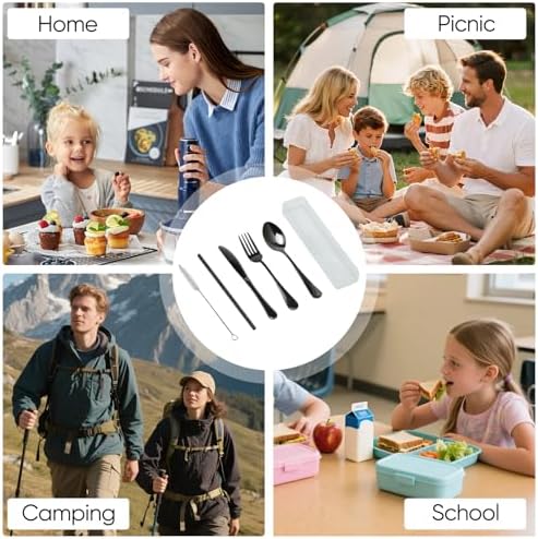 Travel Camping Utensils with Case, 6 Pcs Reusable Stainless Steel Silverware Cutlery Set, Spoon, Fork, Knife + Straw/Brush Kit for Camping, Travel, Office, Lunch Box, Eco On-the-Go (black) - Image 4