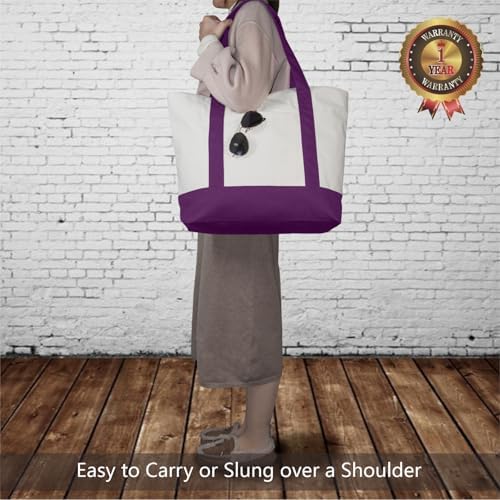 TOPDesign 1-Pack Canvas Tote Bag with an External Pocket, Reusable Grocery Shopping Bag, Top Zipper Closure, Daily Essentials (Purple/Natural) - Image 2