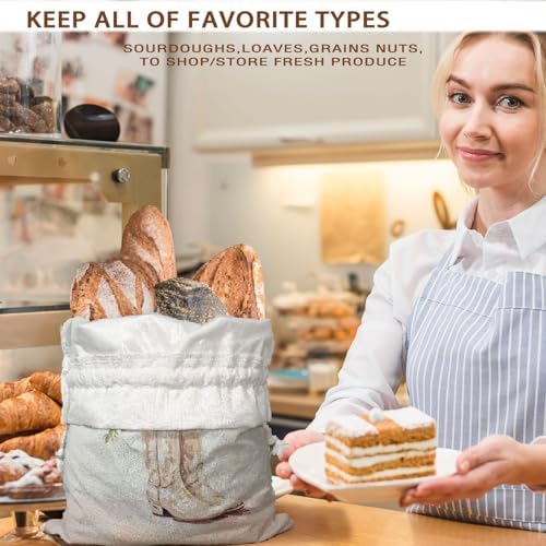 UTELKA White Flroal Reusable Linen Bread Bag for Homemade Bread - Image 3
