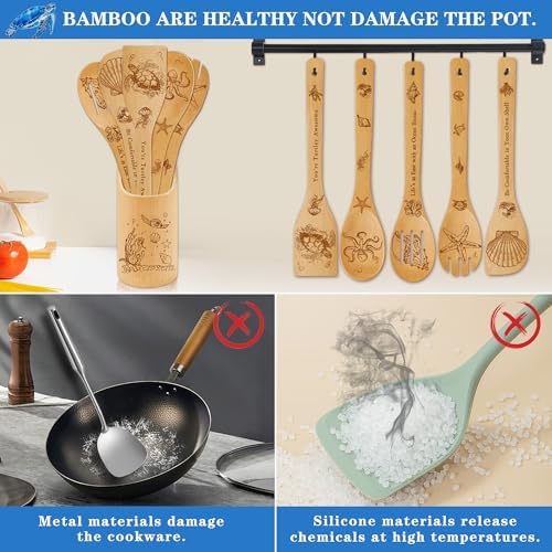 6 PCS Ocean Bamboo Cooking Spoon Set with Utensil Holder,Coastal Themed Kitchen Decor,Beach Accessories Gift for Women,Sea Turtle Lovers,Mother's Day,Housewarming,Birthday,Easter Gifts - Image 5