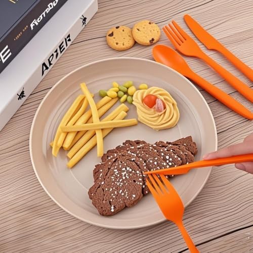 Wheat Straw Portable Plastic Knife Fork Spoons Tableware (Orange,Orange) - Image 4