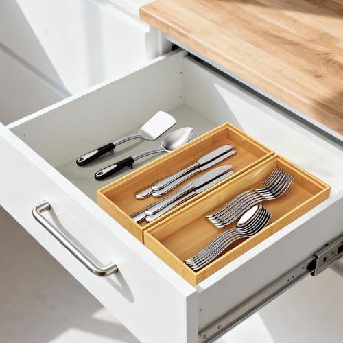Bamboo Drawer Organizer, Stackable Utensil Trays for Kitchen, Wood Silverware Organizer for Drawer, Set of 2-15"x6"x2" - Image 4