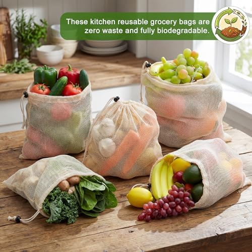 10 Pcs 15 x 12 in Reusable Produce Bags Grocery Washable, Cotton Mesh Produce Bags Plastic Free, Drawstring Closure, Double-stitched Organic Cotton Mesh Grocery Bag for Vegetables Fruit Onions - Image 6