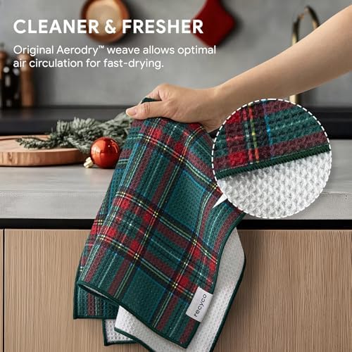 RECYCO Christmas Waffle Kitchen Towel Set of 2 - Quick Dry Microfiber Sustainable Dish Towels - Ultra Absorbent Reusable Cleaning Tea Towels - Lightweight Hand Towels,16”x 28”, Stewart Plaid Green - Image 4
