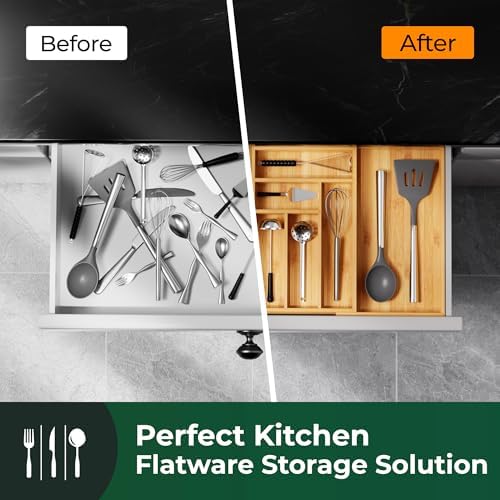 Large Silverware Organizer, 12 Slots Magnetic Connected Expandable Bamboo Utensil Drawer Organizer From 21 to 37.4 Inches, Adjustable Flatware and Cutlery Holder, Utensil Tray for Kitchen Natural - Image 7