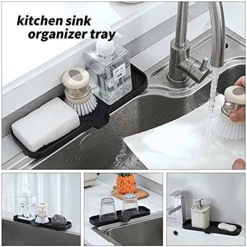 MicoYang Silicone Soap Dish with Drain Spout — Self-Draining Double Sink Organizer Tray for Kitchen & Bathroom, Dispensers, Sponges & Soap Holder, Non-Slip & Dishwasher Safe, Black (Large, 12"×4") - Image 5