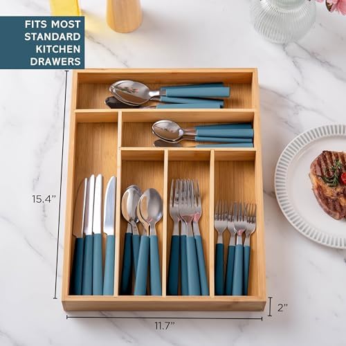 COOK WITH COLOR Bamboo Kitchen Utensil Set with Drawer Organizer | Cooking Tools and Storage Caddy, Blue, 25 Piece Cutlery Set - Image 3