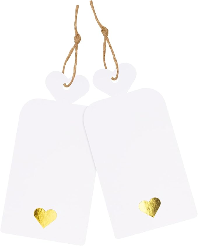 joycraft 100pcs Blank Gift Tags with String, 4x2 in White Paper Tags with Foil Gold Heart, Personalized Gift Wrapping Labels for Birthday, Baby Shower, Wedding, Valentine's Day