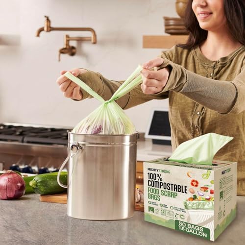 Compost Bags with Handles - 50 Pieces 1.6 Gallon/6 Liter Compostable Trash Bags, Small Trash Bags, Certified By BPI And OK Compost, Food Scrap Waste Bags - Image 3