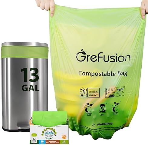 Compostable Bags,Trash bags 13+ gallon tall kitchen, Compostable Trash Lawn & Leaf Yard Waste Bags,Kitchen Compost Trash Bin Compatible,Extra Thick1.01 Mills,Certified by BPI and OK Compost(50count) by GreFusion