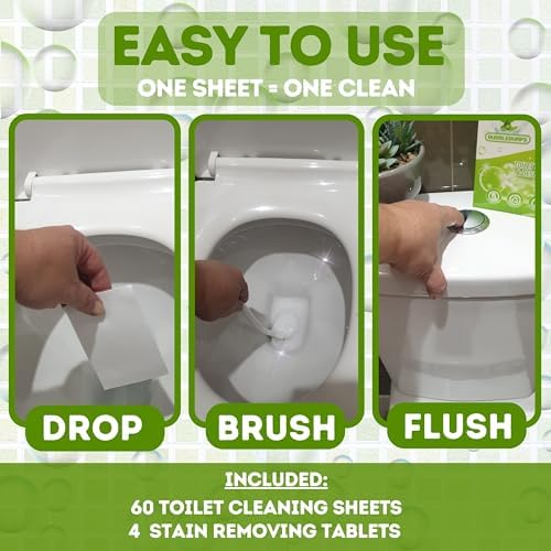 Toilet Cleaning Sheets & Descaler Tablets COMBO, 60 Toilet Bowl Cleaner Strips & 4 Toilet Stain & Ring Remover Tablets, Plastic Free, No Harsh Chemicals, Septic & Gray Water Safe, No Mess - Image 3