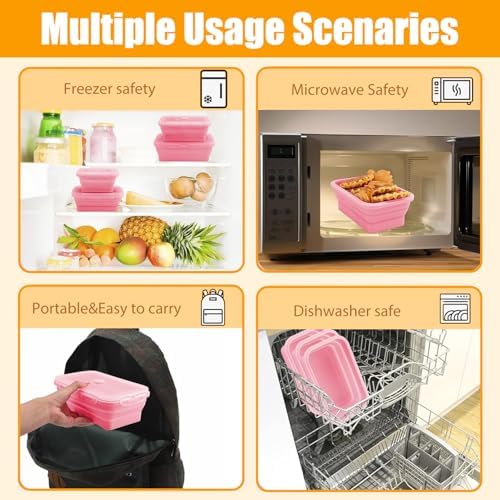 4 Collapsible Silicone Food Storage Containers, Square, Pink - Image 6
