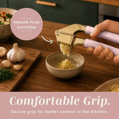 COOK WITH COLOR 6-Piece Kitchen Tool Set with Acacia Wood Cutting Board, Can Opener, Pizza Cutter, Garlic Press, Scoop & Peeler, Pink - Image 4