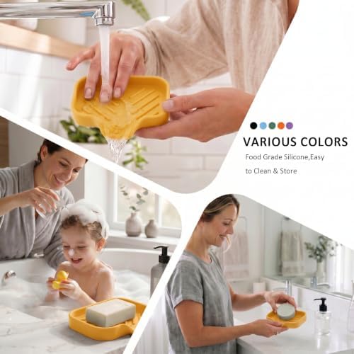 MicoYang Silicone Soap Dish with Drain Spout, Self-Draining Sink Organizer Tray for Bathroom and Kitchen, Sponges, Dispensers and Soap Holder, Non-Slip & Dishwasher Safe, Yellow (Compact, 4.9"×3.2") - Image 4