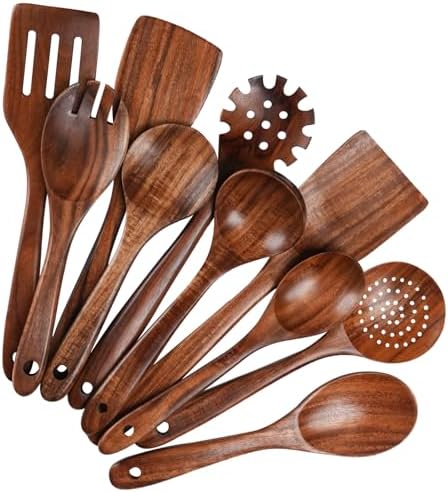 10PCS Wooden Utensil Set for Cooking, Non Toxic Wood Kitchen Utensils Set with Spatula & Wooden Spoons for Cooking, Dishwasher Safe Teak Wood Cooking Utensils for Non Stick Cookware by GAGBC
