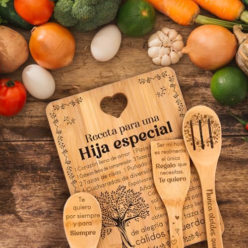 Regalos de cumpleaños para Hija - "Receta para una Hija especial". Juego de tablas de cortar y utensilios de bambú grabados. Regalos de cumpleaños para Hija. Spanish Daughter Cutting Board - Image 7
