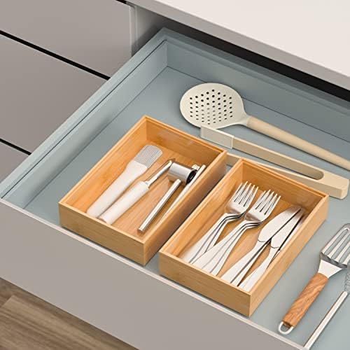 VeyFey Silverware Tray for Drawer, Stackable Kitchen Bamboo Drawer Organizer 9" x 6" x 2" Set of 2 - Image 3