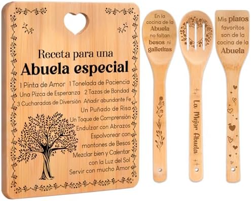 Regalos de cumpleaños para Abuela - "Receta para una Abuela especial". Juego de tablas de cortar y utensilios de bambú grabados. Regalos de cumpleaños para Abuela. Spanish Grandma Cutting Board by Apjielop-GiftsMaster