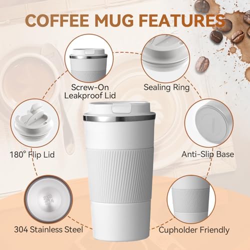 12OZ Travel Coffee Mug Insulated Coffee Cup with Spill Leak Proof Lid, Portable Stainless Steel Tumbler Reusable Hot and Cold Water Mug for Car, Daily, Camping- White - Image 4