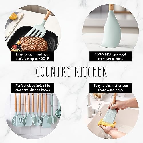 Country Kitchen Non Stick Silicone Utensil Set with Rounded Wood Handles for Cooking and Baking, 38 Piece Set, Mint - Image 2