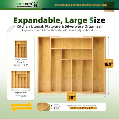 BAMOTTO CRAFTBAMBOO Expandable Bamboo Drawer Organizer for Kitchen, 8 Slot - Image 2