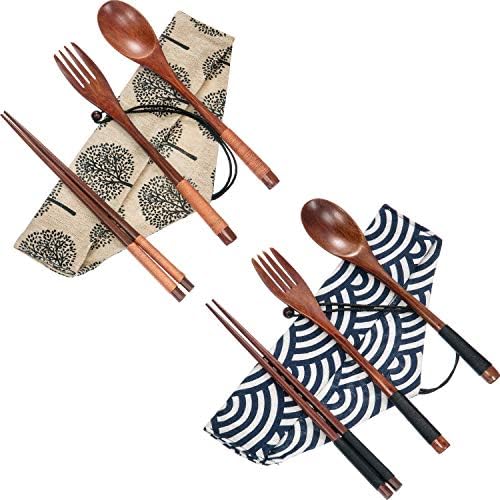 Tatuo 2 Sets Wooden Utensil Set, Portable Spoon Fork Chopsticks with Pouch by Tatuo