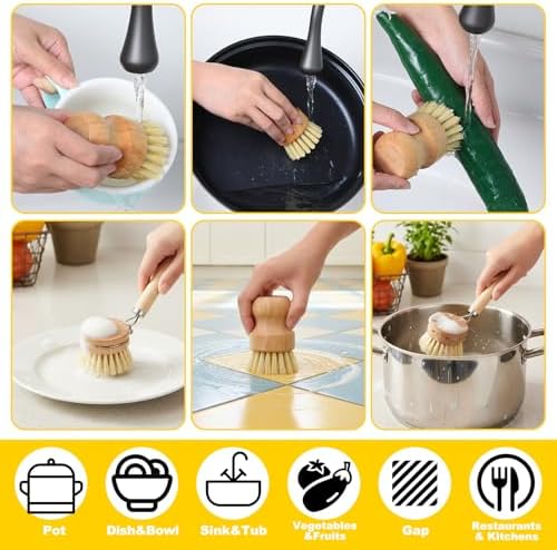 9 Pcs Bamboo Dish Brush Set, Multifunctional Dishwashing Scrubber with Natural Sisal Bristles, Wooden Dish Brush for Cleaning Pots, Dishes, Pans, Vegetables - Image 6