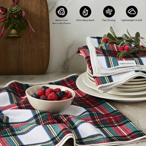RECYCO Christmas Waffle Kitchen Towel Set of 2 - Quick Dry Microfiber Sustainable Dish Towels - Ultra Absorbent Reusable Cleaning Tea Towels - Lightweight Hand Towels,16”x 28”, Plaid - Image 2