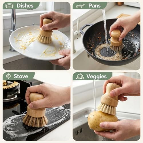 Bamboo Dish Brush Set, 4 Pack, Plastic-Free (2 Medium Sisal, 2 Firm Coconut Coir), Dish Scrubber & Vegetable Brush for Cast Iron, Nonstick - Image 6