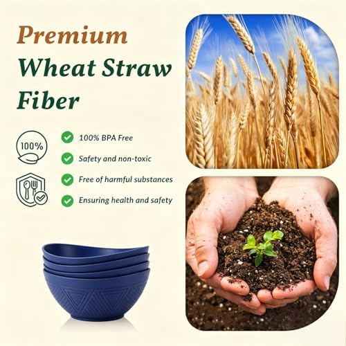 Homienly Wheat Straw Bowls, 9.6 inch Salad Bowls, Large Serving Dishes for Wedding Parties, Camping, 60 OZ Bowl Set for Salad, Popcorn, Oval Shape, Microwave & Dishwasher Safe, Set of 4, Dark Blue - Image 3