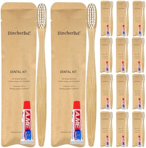 Bamboo Toothbrushes Kit Bulk, 50 Disposable Toothbrushes with Toothpaste by DincherBel