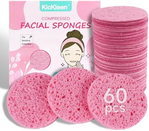 60-Count Compressed Facial Sponges|100% Natural Kickleen Cellulose Cosmetic Spa Sponges for Daily Facial Cleansing|Makeup and Mask Removal | Exfoliating | Skin Massage | Pore Exfoliation(Pink) by KICKLEEN