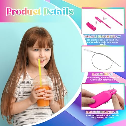 Meanplan 4 Sets Reusable Straws Travel Case Brush Silicone,Neon Colors - Image 3