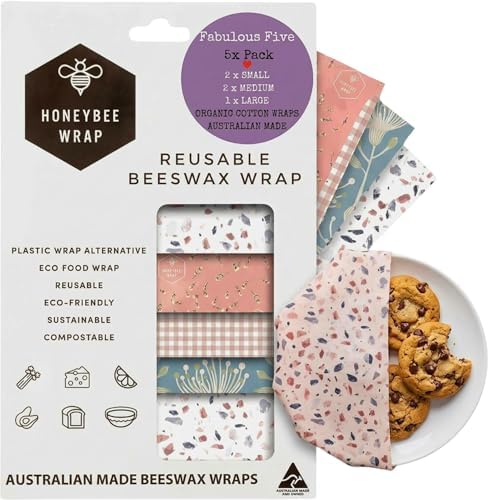 Reusable Beeswax Wraps for Food | 5 Pack | Eco Friendly, Organic, Biodegradable, Plastic Free, Bee's Wrap Bowl Covers and Food Storage | Cling Wrap Alternative by HONEYBEEWRAP