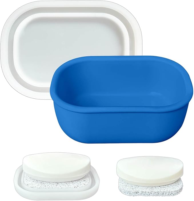 Leakproof Silicone Travel Soap Case with Drainage Layer, Silicone Bar Soap Holder Compact Portable Shatterproof Soap Container Box for Bathroom Gym Camp Travel Toiletries (KleinBlue, Clear Lid)
