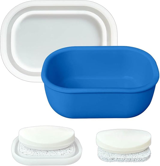 Leakproof Silicone Travel Soap Case with Drainage Layer, Silicone Bar Soap Holder Compact Portable Shatterproof Soap Container Box for Bathroom Gym Camp Travel Toiletries (KleinBlue, Clear Lid)