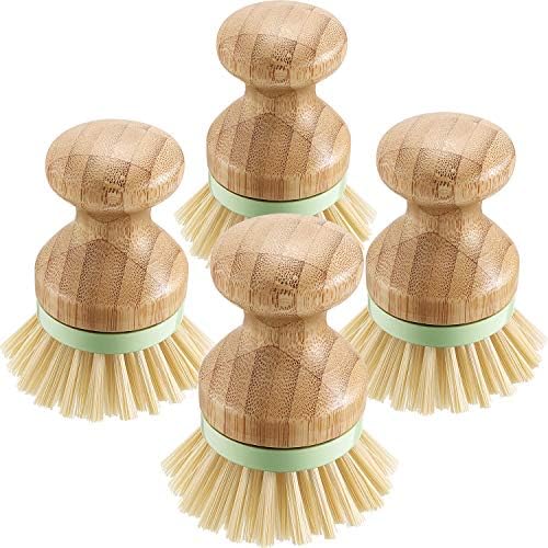 4 Pieces Bamboo Dish Scrub Brush with Holders Wooden Bamboo Round Scrubbers Stiff Bristles Pot Brushes for Wash Dishes, Pots, Pans, Kitchen Iron Pot Pan Sink(Classic Style,Green) by Boao