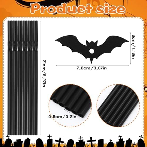 JANYUN 40 Pcs Black Halloween Straws Plastic with Glitter Bat Toppers - Image 2