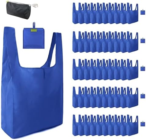 BeeGreen Reusable Grocery Bags Blue Kitchen Bags Bulk Foldable-Machine Washable with Zipper Storage Pouch 50 Packs by BeeGreen