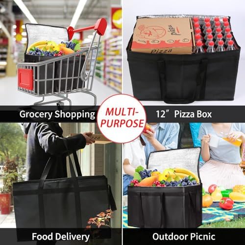Insulated Food Delivery Bag with Hard Bottom, XXX-Large Insulated Reusable Grocery Cooler/Hot Bags, Tote Bag for Shopping/Travel, Black, 4-Pack - Image 5