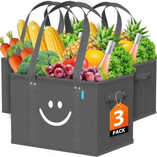 Reusable Grocery Bags 3 PCS, Sturdy Handles & Bottom to Stands Upright by WiseLife